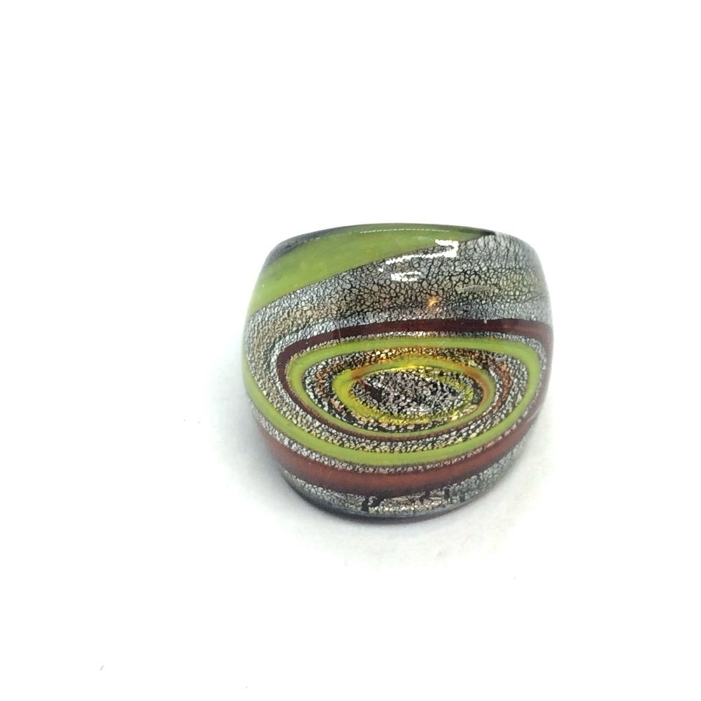 3/$30 MURANO STYLE GLASS RING ART GLASS SWIRL UNIVERSE DOMED GREEN BLACK SZ 3.25